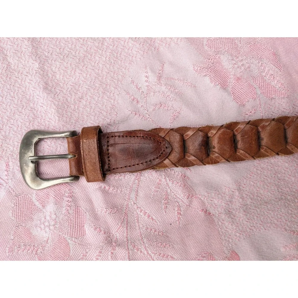 Vintage Brown Braided Woven Leather Belt‎ Buckle Western Boho Women's Medium